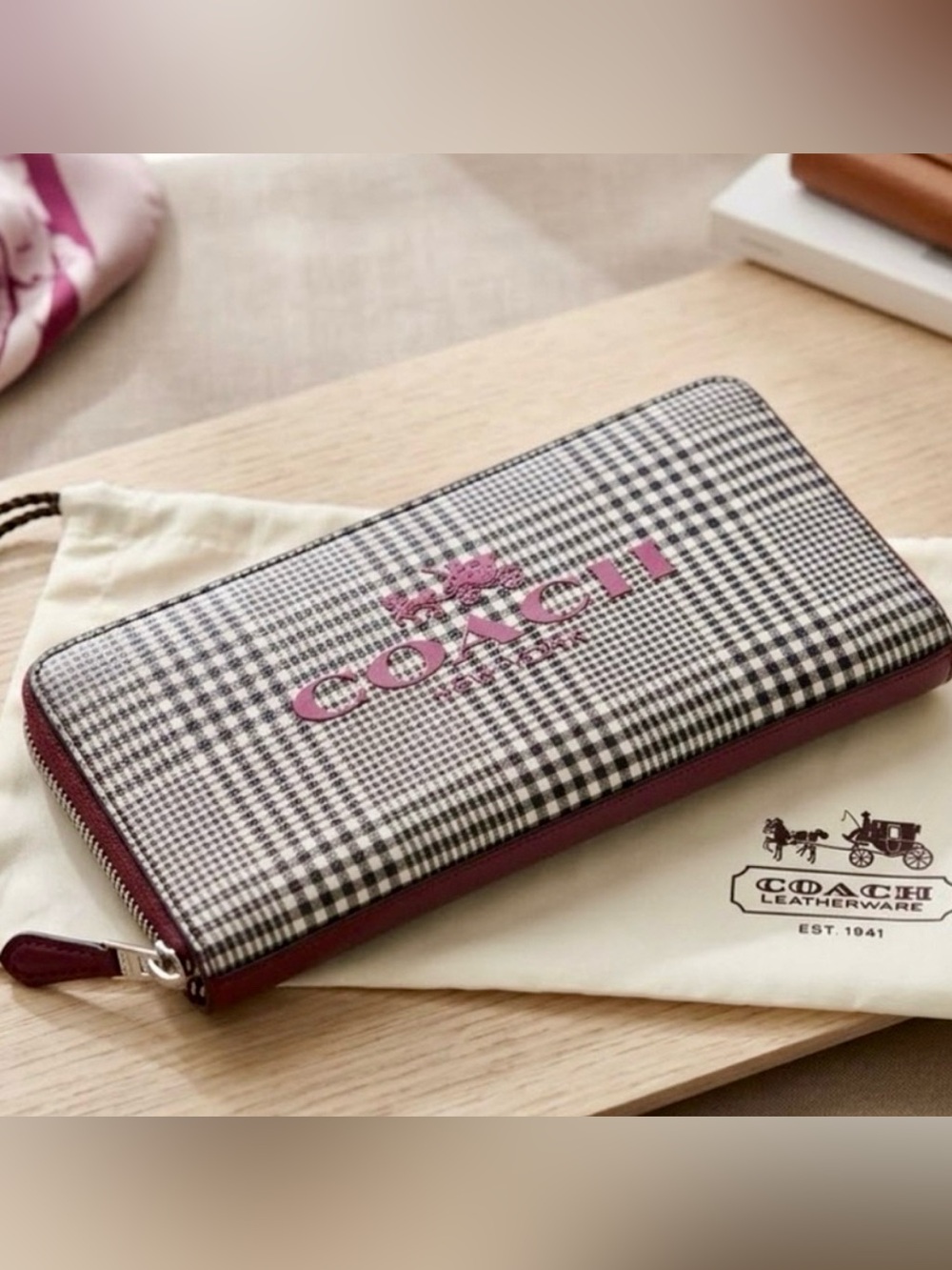Coach Black-and-White Plaid Zip Wallet with Plum Trim